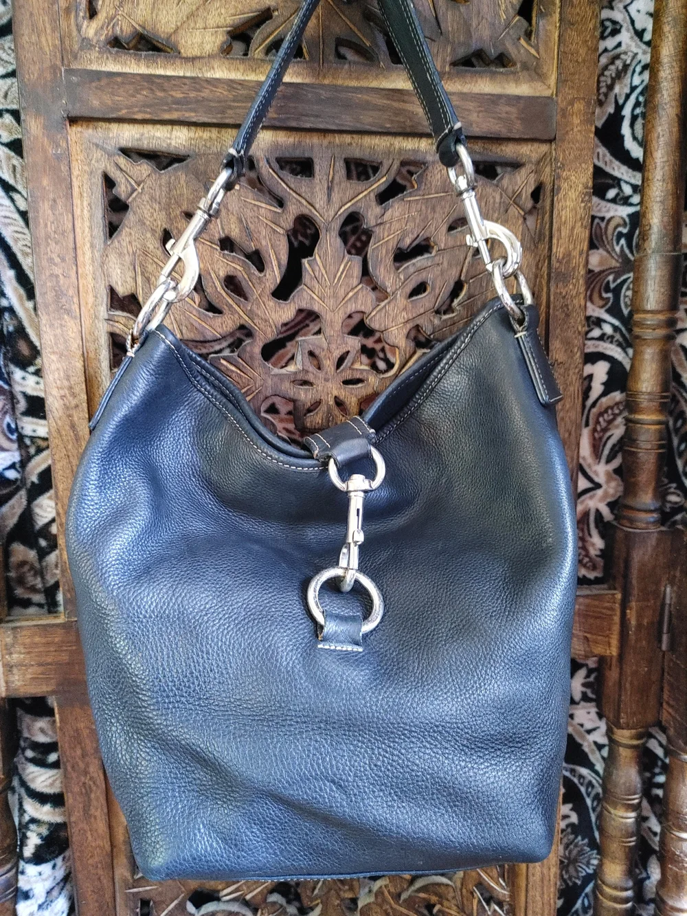 AEROSOLES Heavy Black Leather Hobo with Silver Ring Accent